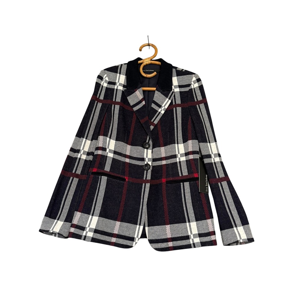 Iris Setlakwe | Plaid Single Button Blazer Navy Red White Size 8 Viscose Wool